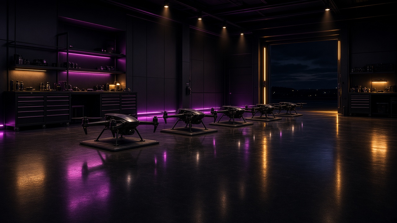 Neon-lit drone hangar with quadcopters on a polished floor — original artwork