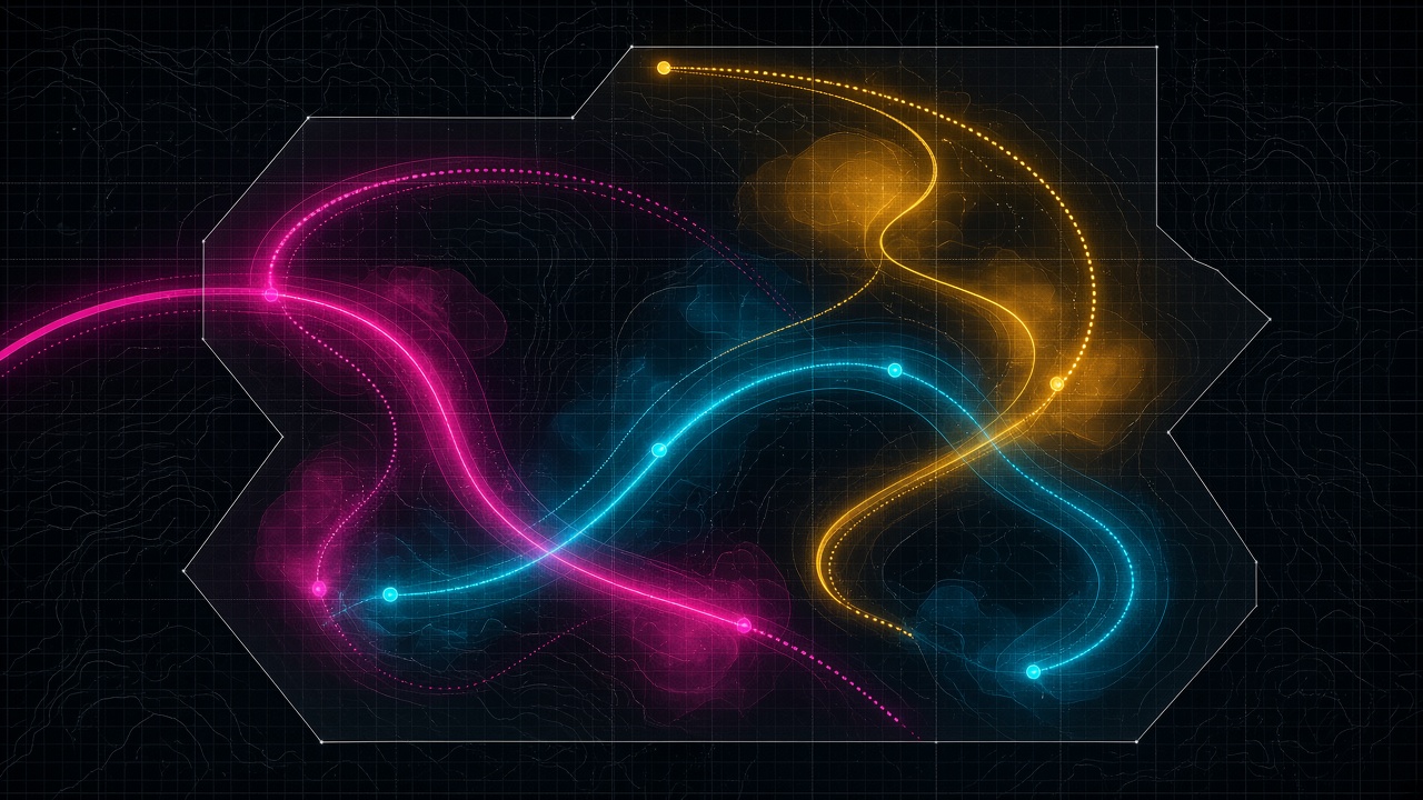 Stylized neon multi-drone route visualization